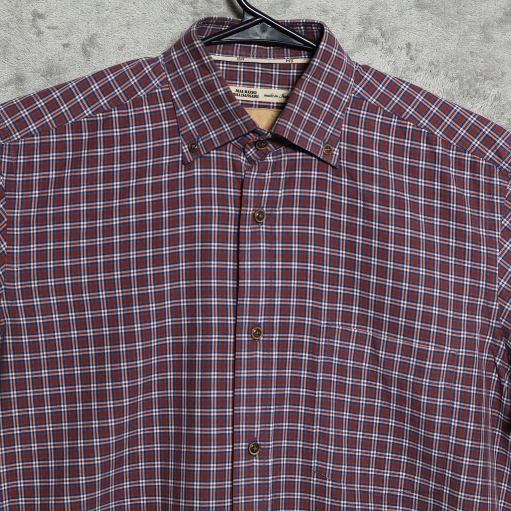 Maurizio Baldassari Shirt Mens Medium Red Blue Plaid Dress Preppy Made in Italy